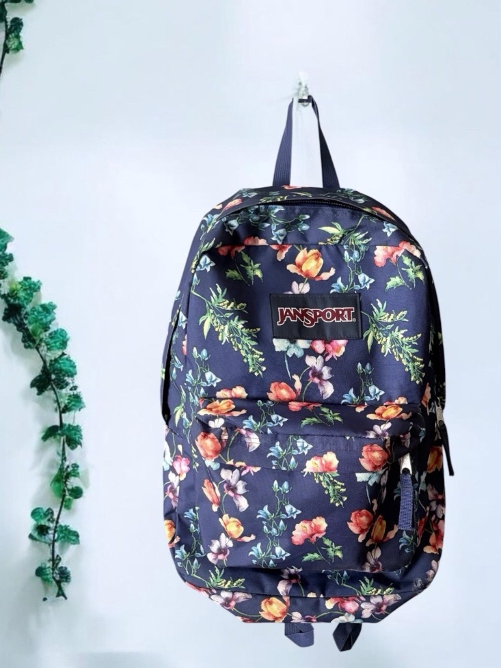 JanSport SuperBreak Backpack Navy Blue Floral Botanical Wildflower School Bag